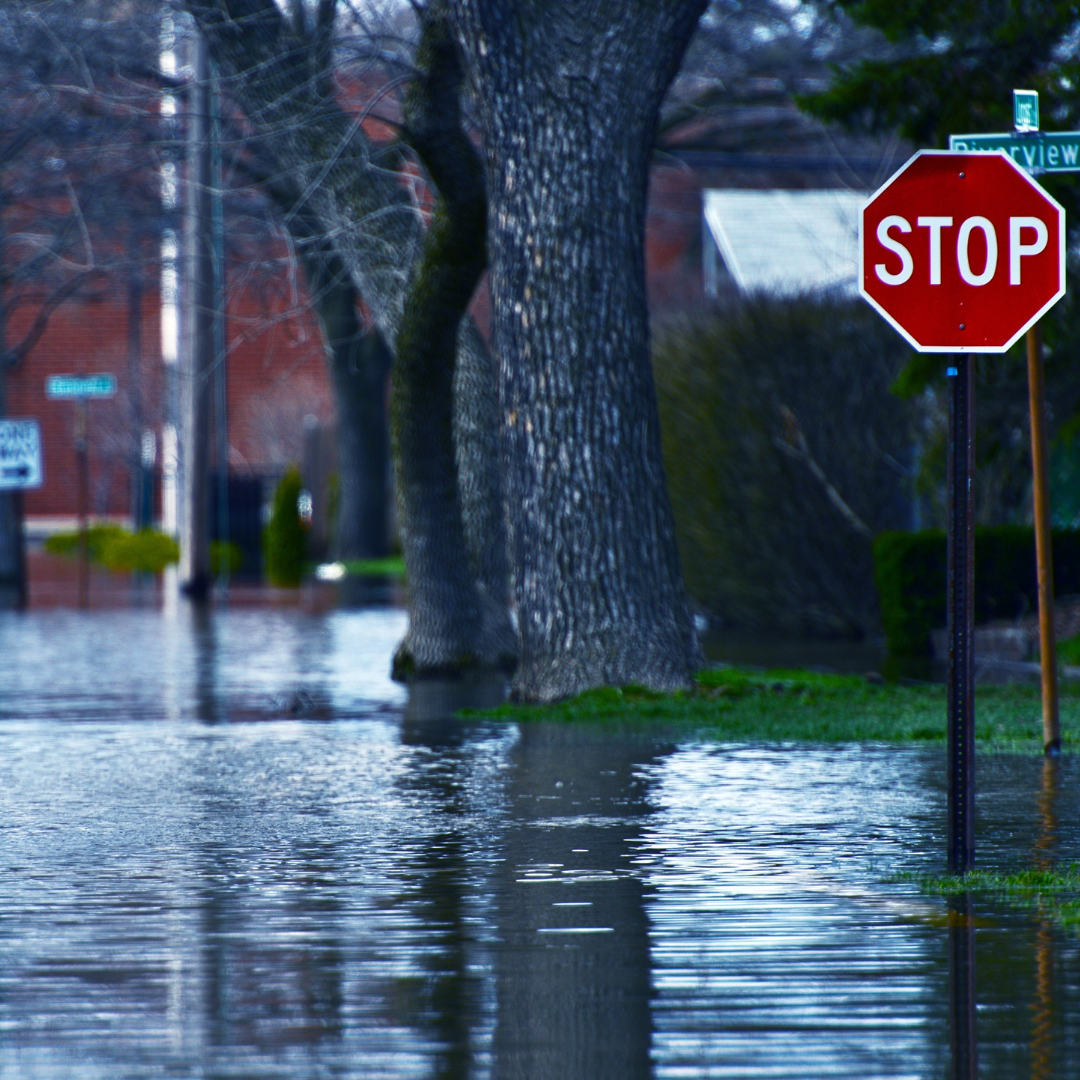 Flooded street with stop sign