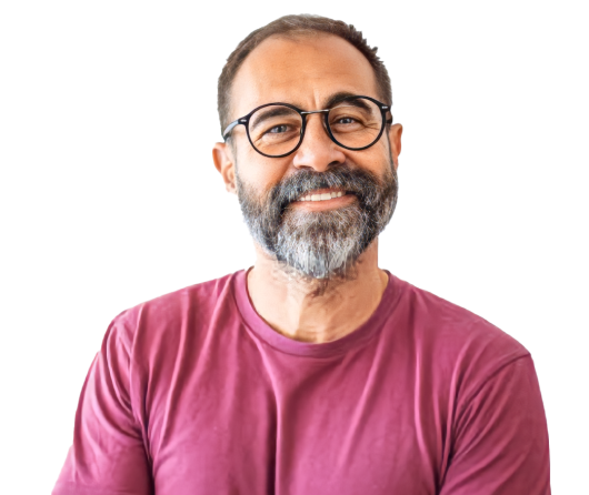 Man smiling in red shirt