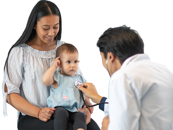 1-6-3-4-1IndividualAndFamily Child on adults lap while doctor listens to their heart