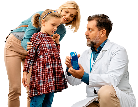 Pharmacist showing medication to adult and child 