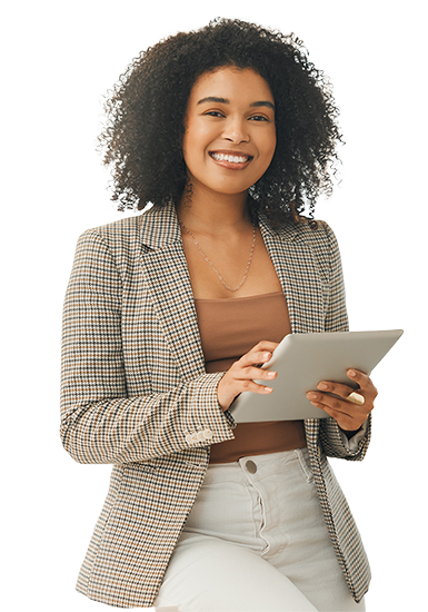 a-women-in-a-business-suit-holds-a-tablet-looking-focused a women in a business suit holds a tablet looking focused