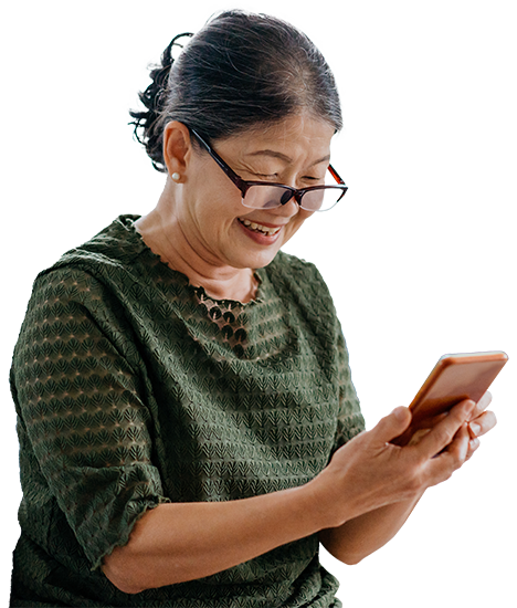Medicare-smart-phone-filpped Woman smiling while looking at smartphone