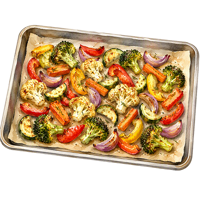Vegetables on a roasting pan. 