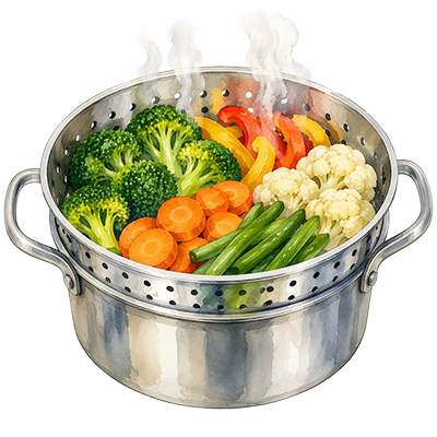 Vegetables steaming in a pot.