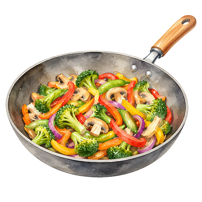 Vegetables in a stir-fry pan. 