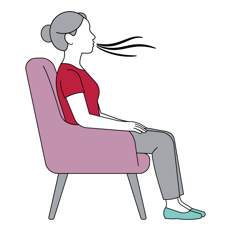 Side-view illustration of a seated person demonstrating breathing, with airflow shown moving away from the face.