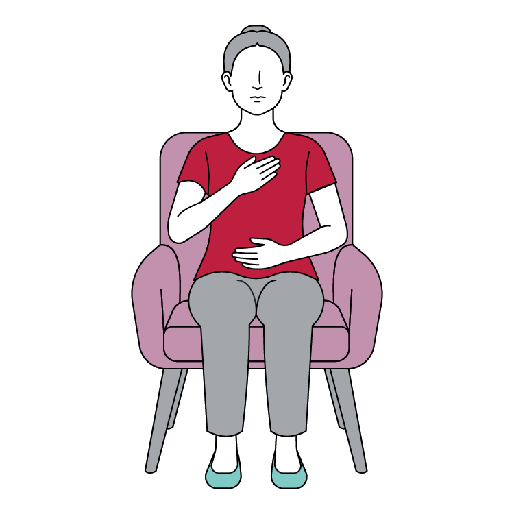 Illustration of a seated person practicing diaphragmatic breathing with one hand on the chest and one hand on the abdomen.