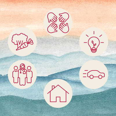 Six red icons for community, food, ideas, healthcare, housing, and transportation on a watercolor background
