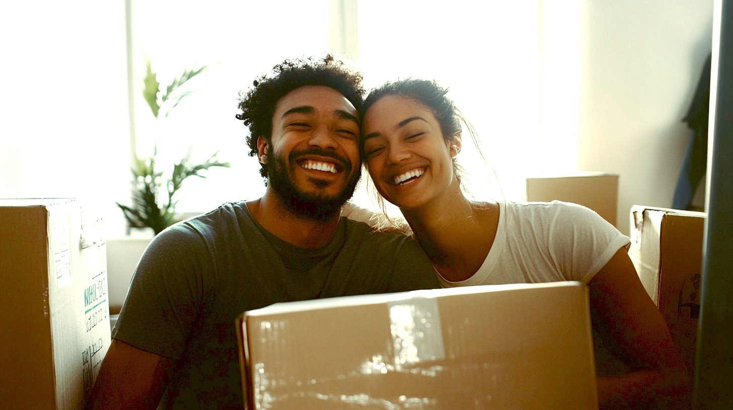 couple smiling in new home with moving box