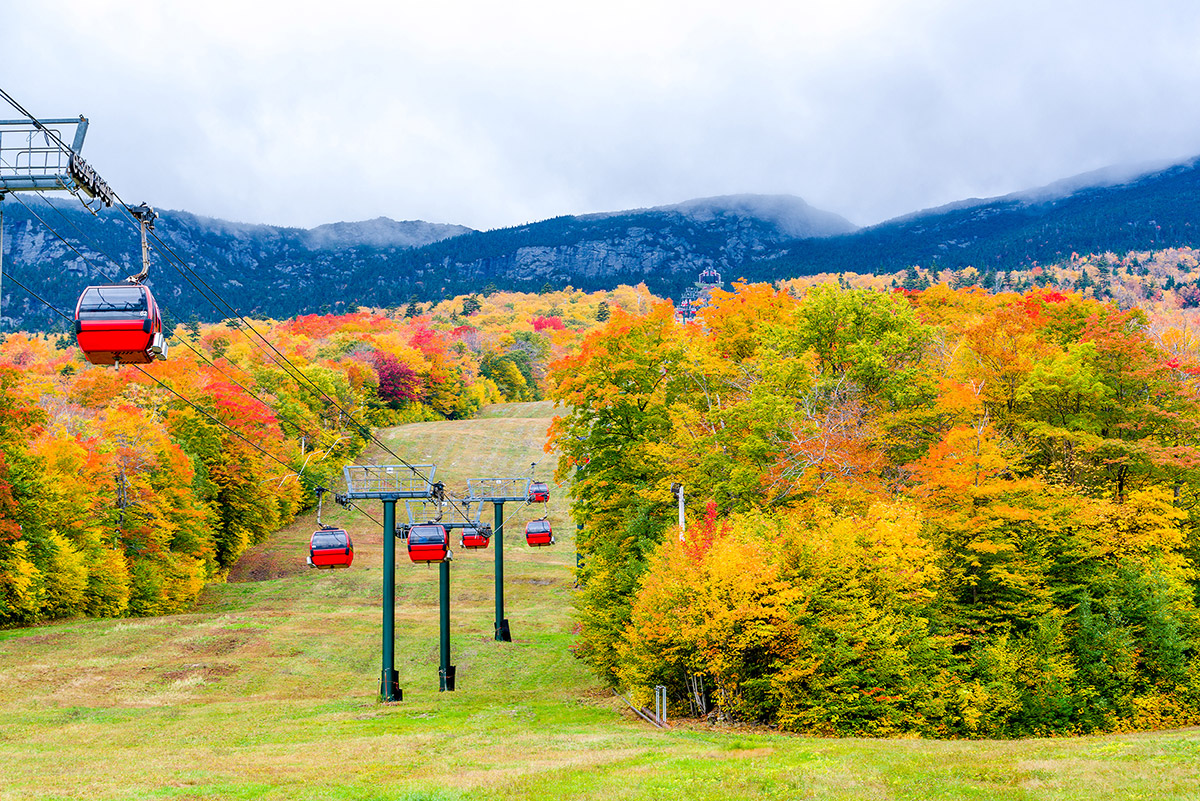 red gondola lift over a colorful fall forest