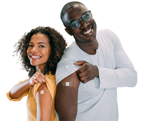 couple-showing-bandaid-on-arm-from-flu-shot couple showing a band aid on their arm from a flu shot