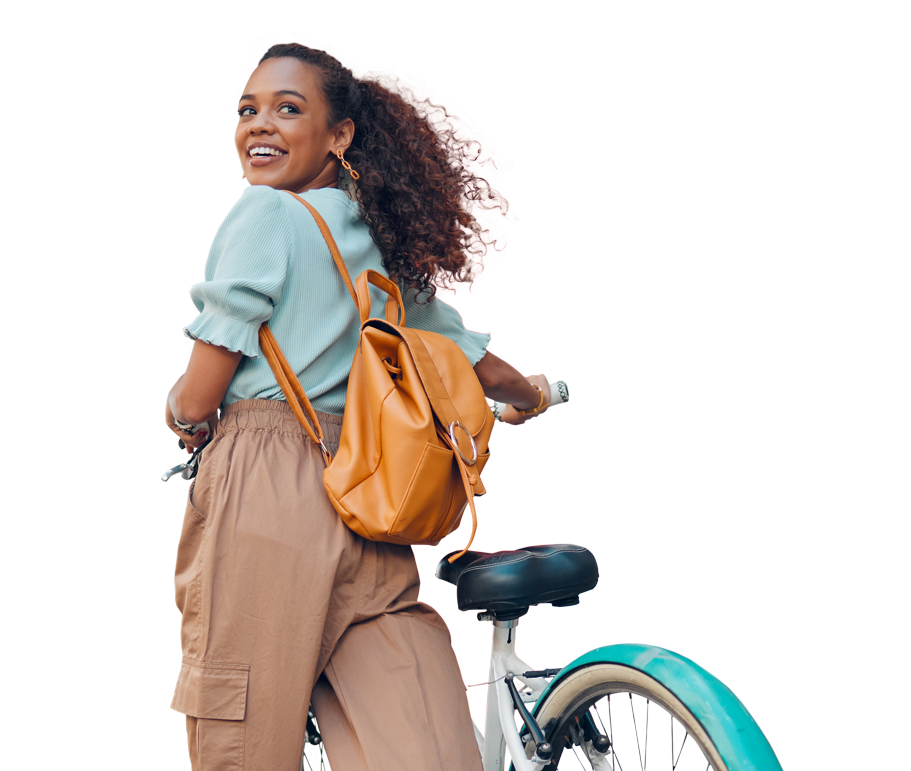 woman-looking-backward-with-bike Woman looking backward with a bike