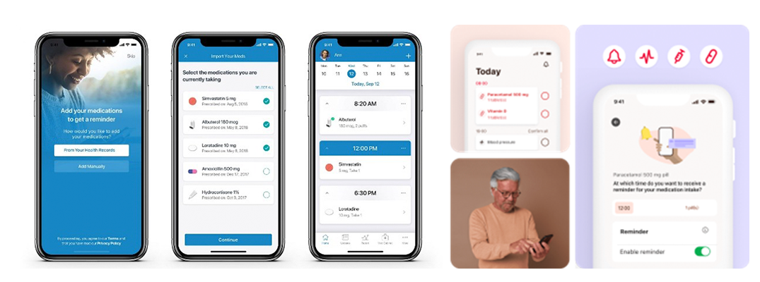 Android screenshot of all screens showing steps to add your medications to get a reminder.