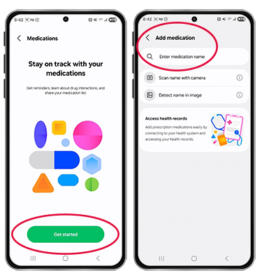 Android screenshot with Get Started button and Add Medications circled.