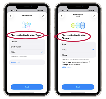iPhone screenshot of the Choose the Medication Type and Choose the Medication Strength screens.