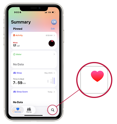 iPhone screenshot of Health app with Search icon circled.
