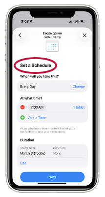 iPhone screenshot of the Set a Schedule screen. 