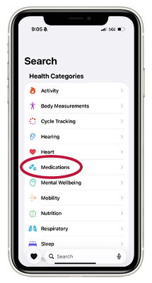 iPhone screenshot of Health Categories under Search on Health app with Medications circled.