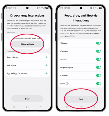 Android screenshot with Add new allergy button circled.