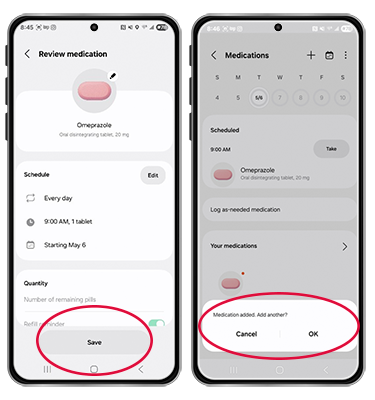 Android screenshot of Review Medication screen with Save button circled. 